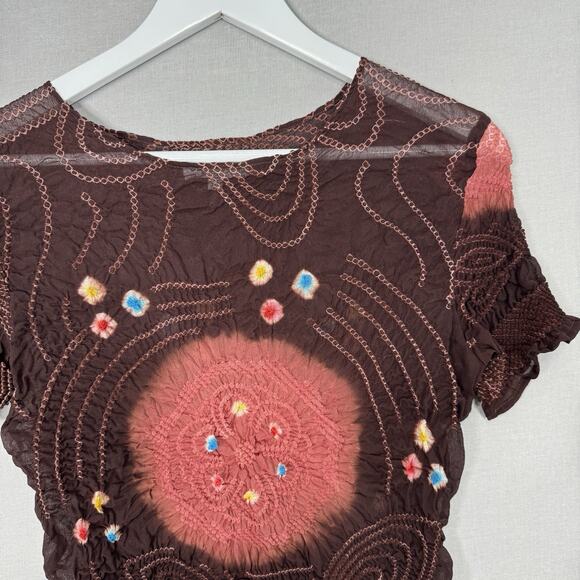 Original Tee Women Top Small Wine Silk Textured Tie Dye Hippie Boho Gypsy Blouse - Picture 3 of 11